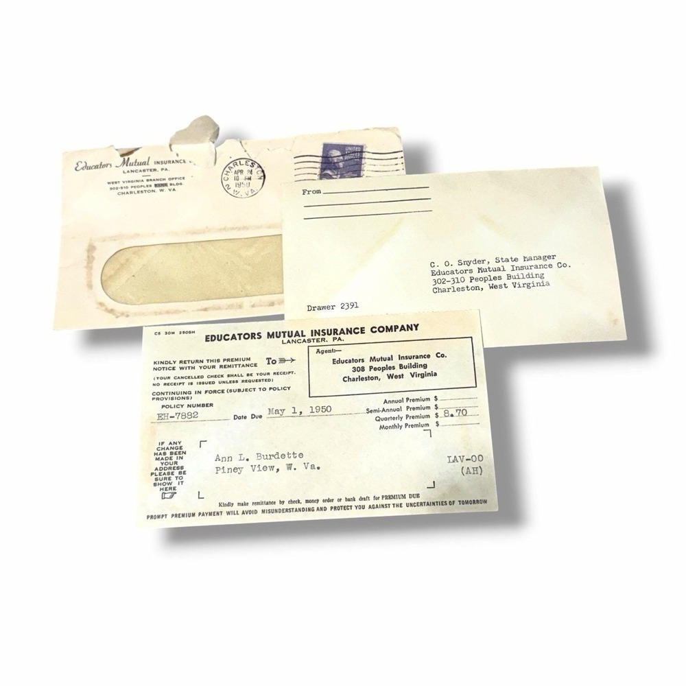 1950 Educators Mutual Insurance Company Bill Notice and Envelope HBX